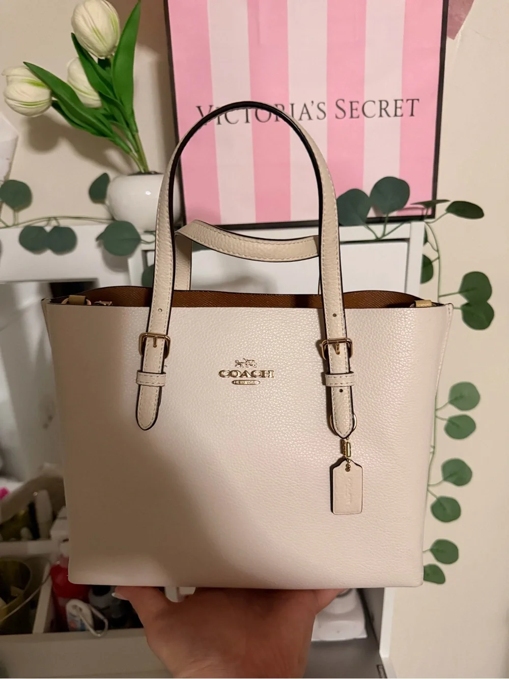 Coach Cream Pebbled Leather Tote with Gold Hardware + Wallet